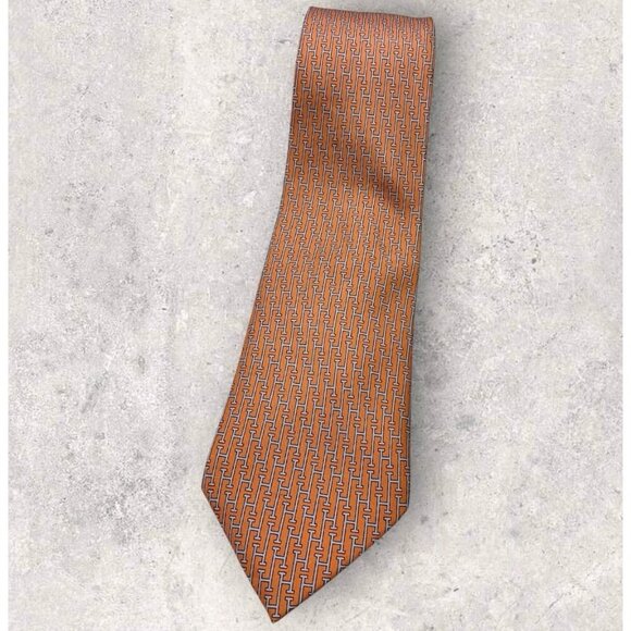 HERMÈS 5263 SA Silk Tie FRANCE XL Orange Monogram H W:3.7" EUC - Picture 1 of 6